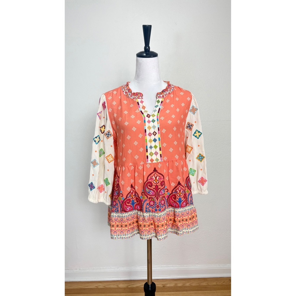 John Mark Boho Colorful Floral Embroidered Oversized Wide Fit Tiered Top Size XS